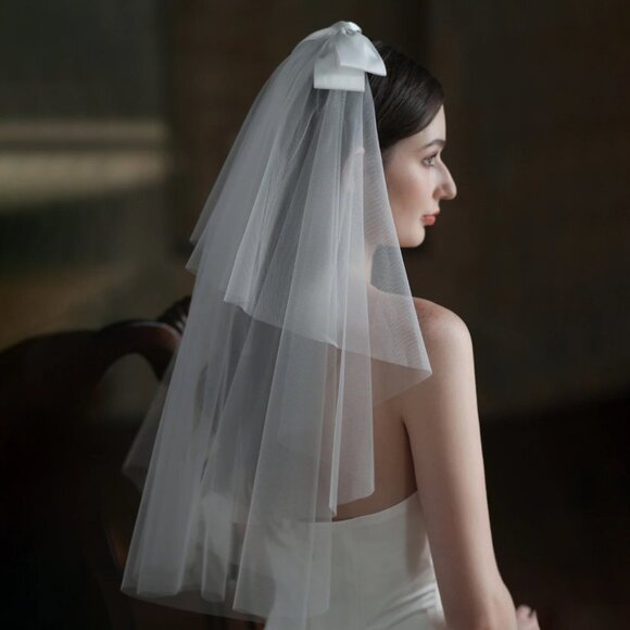 Wedding veil white bridal bride elegant large bow medium elbow length new main image 4